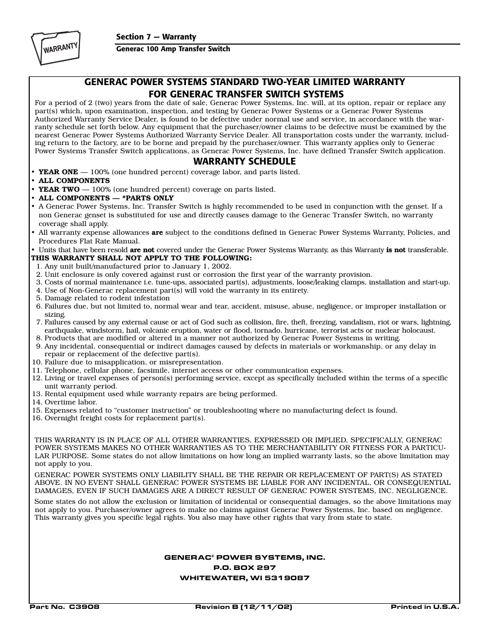 Warranty schedule | Generac 4678-1 User Manual | Page 12 / 12
