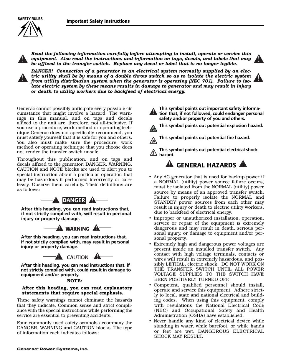 General hazards | Generac 4678-1 User Manual | Page 2 / 12