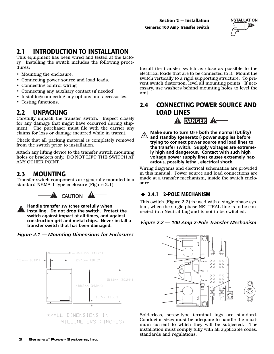 1 introduction to installation, 2 unpacking, 3 mounting | 4 connecting power source and load lines, Danger, 1 2-pole mechanism, Figure 2.1 — mounting dimensions for enclosures | Generac 4678-1 User Manual | Page 5 / 12