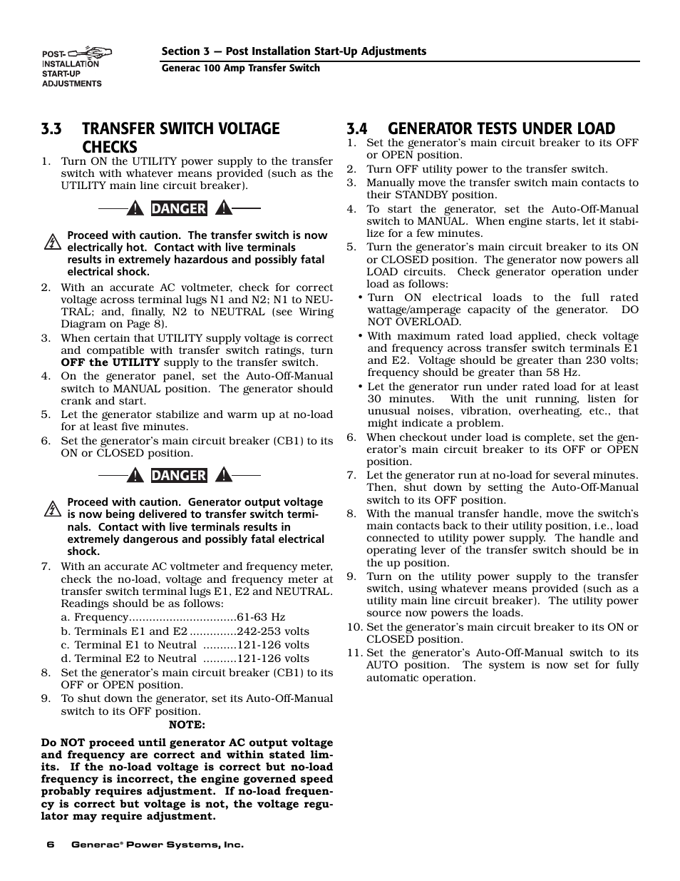 3 transfer switch voltage checks, 4 generator tests under load, Danger | Generac 4678-1 User Manual | Page 8 / 12