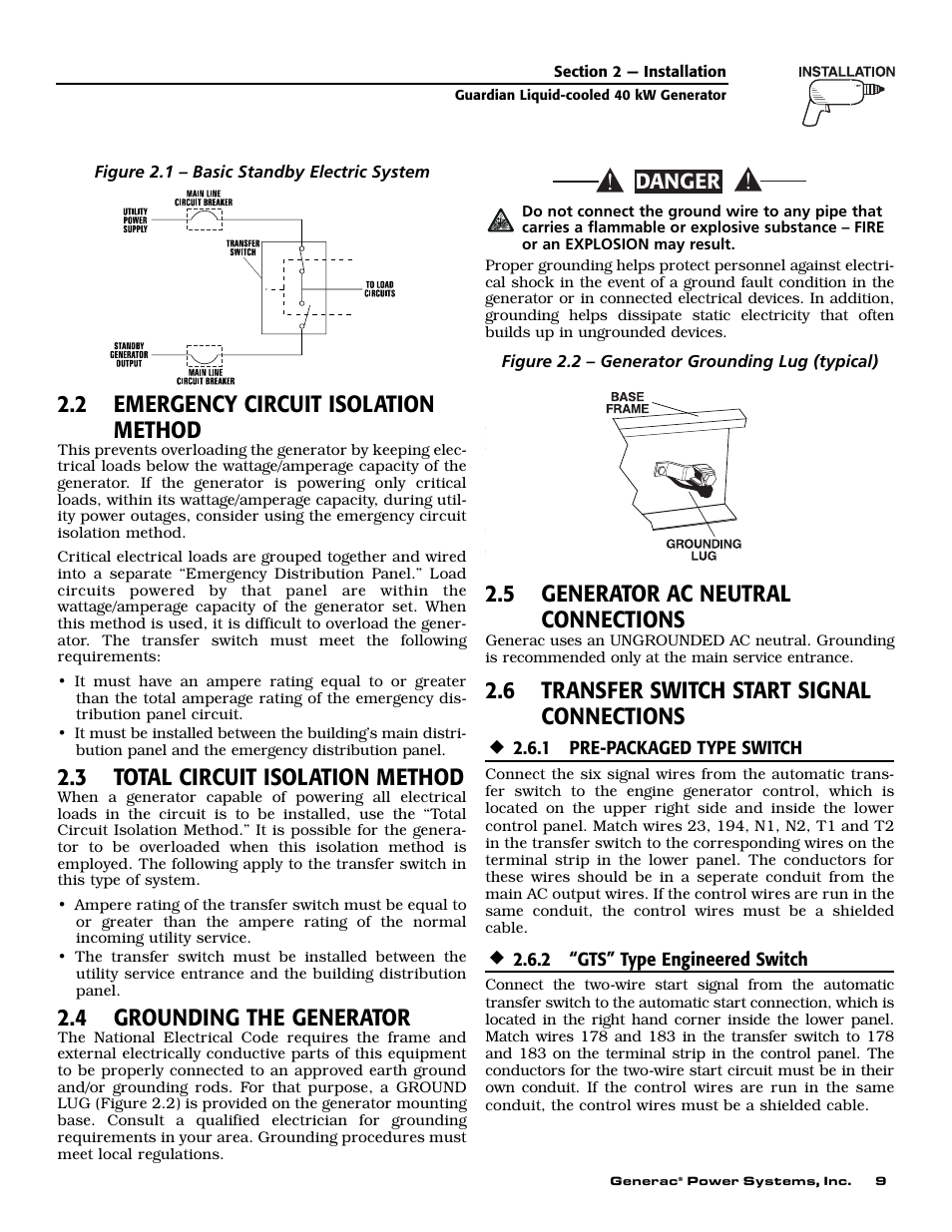 2 emergency circuit isolation method, 3 total circuit isolation method, 4 grounding the generator | 5 generator ac neutral connections, 6 transfer switch start signal connections, Danger | Generac 004373-3 User Manual | Page 11 / 64