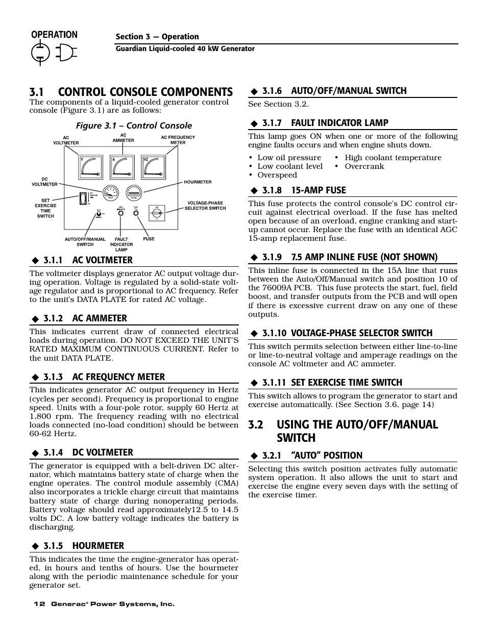 1 control console components, 2 using the auto/off/manual switch | Generac 004373-3 User Manual | Page 14 / 64