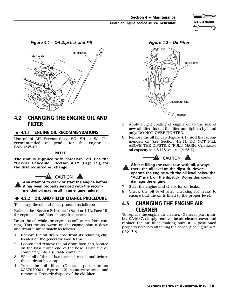 2 changing the engine oil and filter, 3 changing the engine air cleaner | Generac 004373-3 User Manual | Page 17 / 64