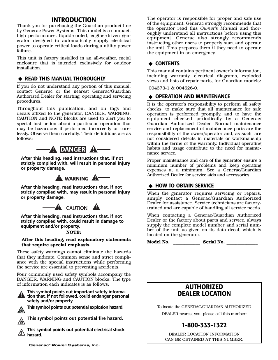 Introduction, Authorized dealer location, Danger | Generac 004373-3 User Manual | Page 2 / 64