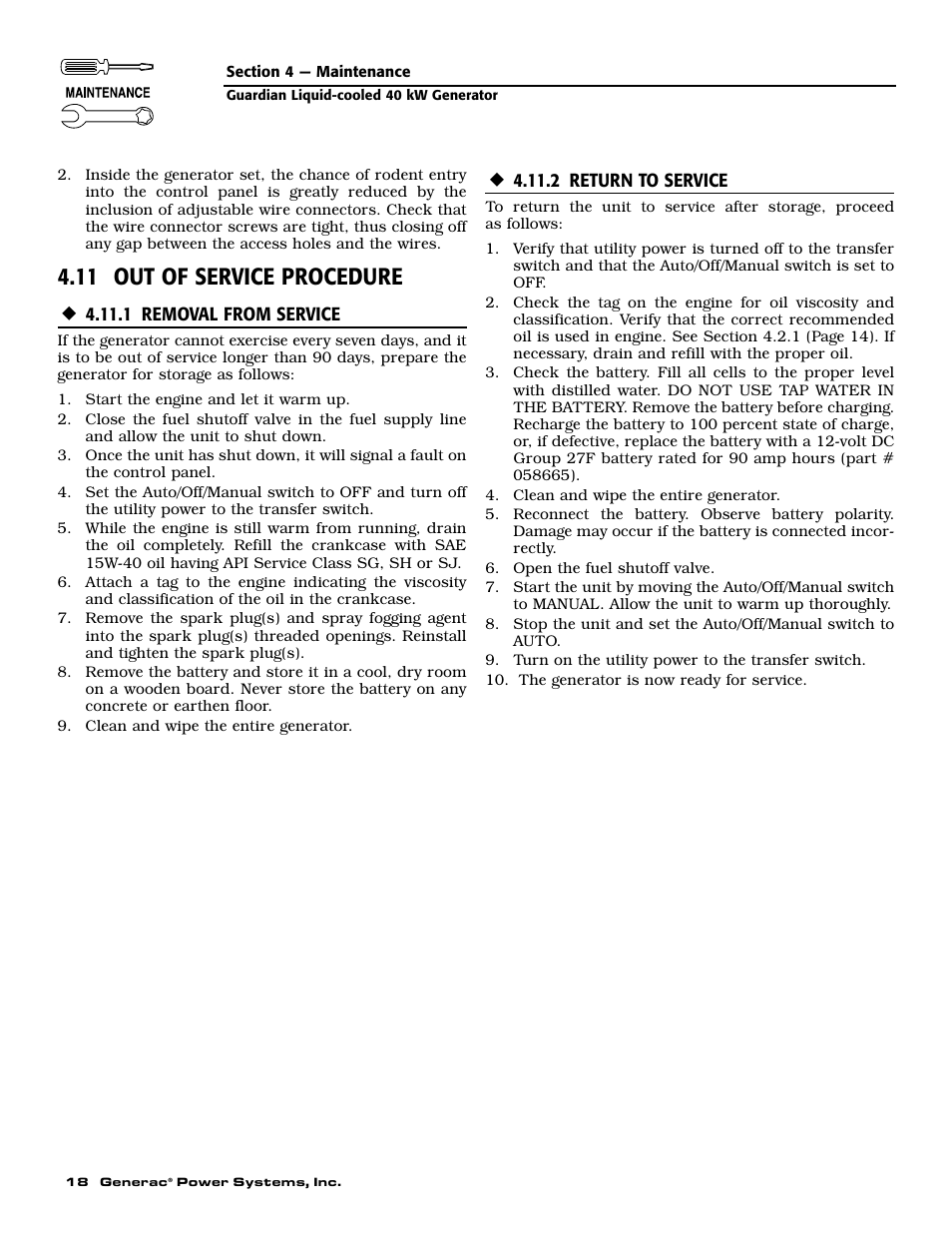 11 out of service procedure | Generac 004373-3 User Manual | Page 20 / 64