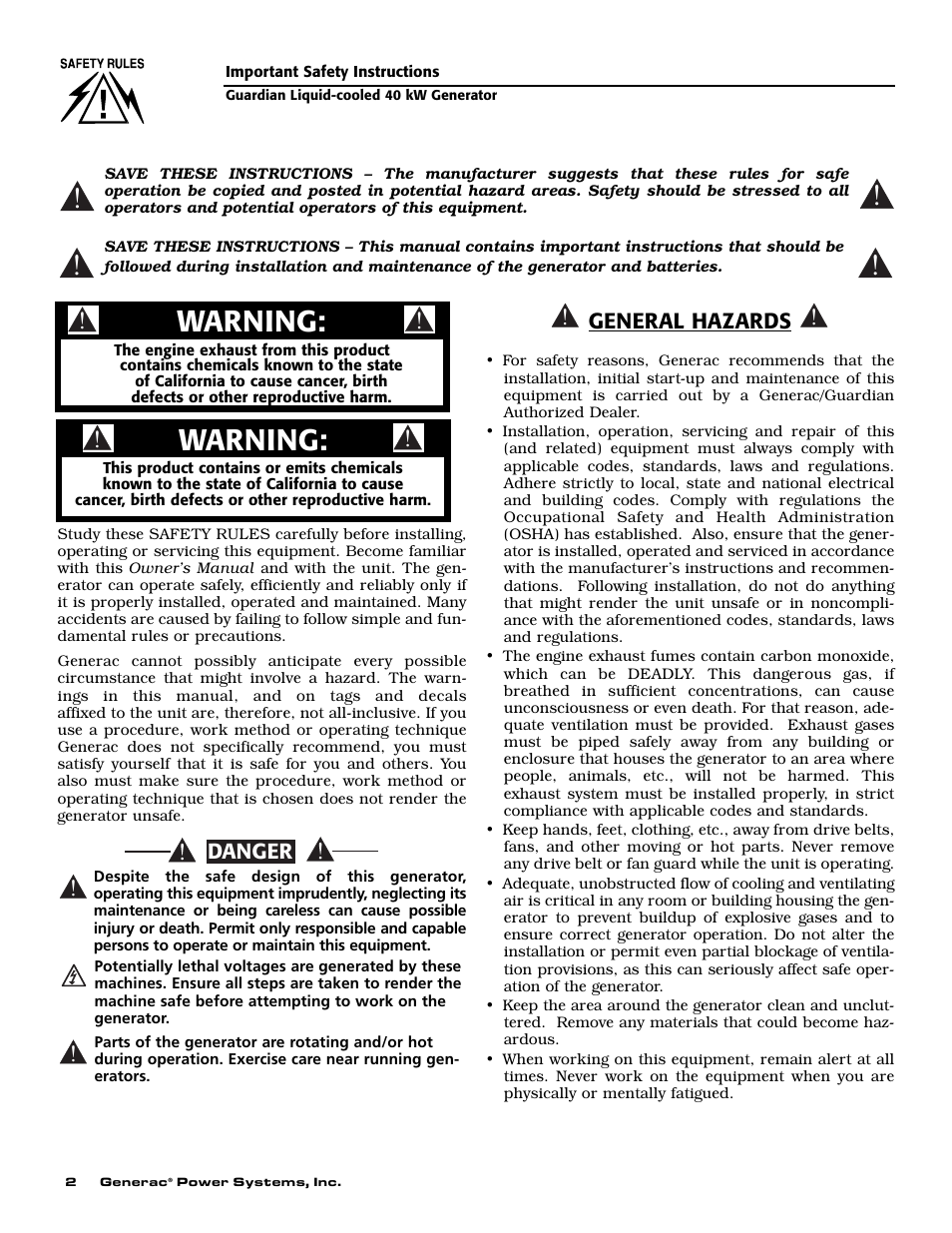 Warning | Generac 004373-3 User Manual | Page 4 / 64