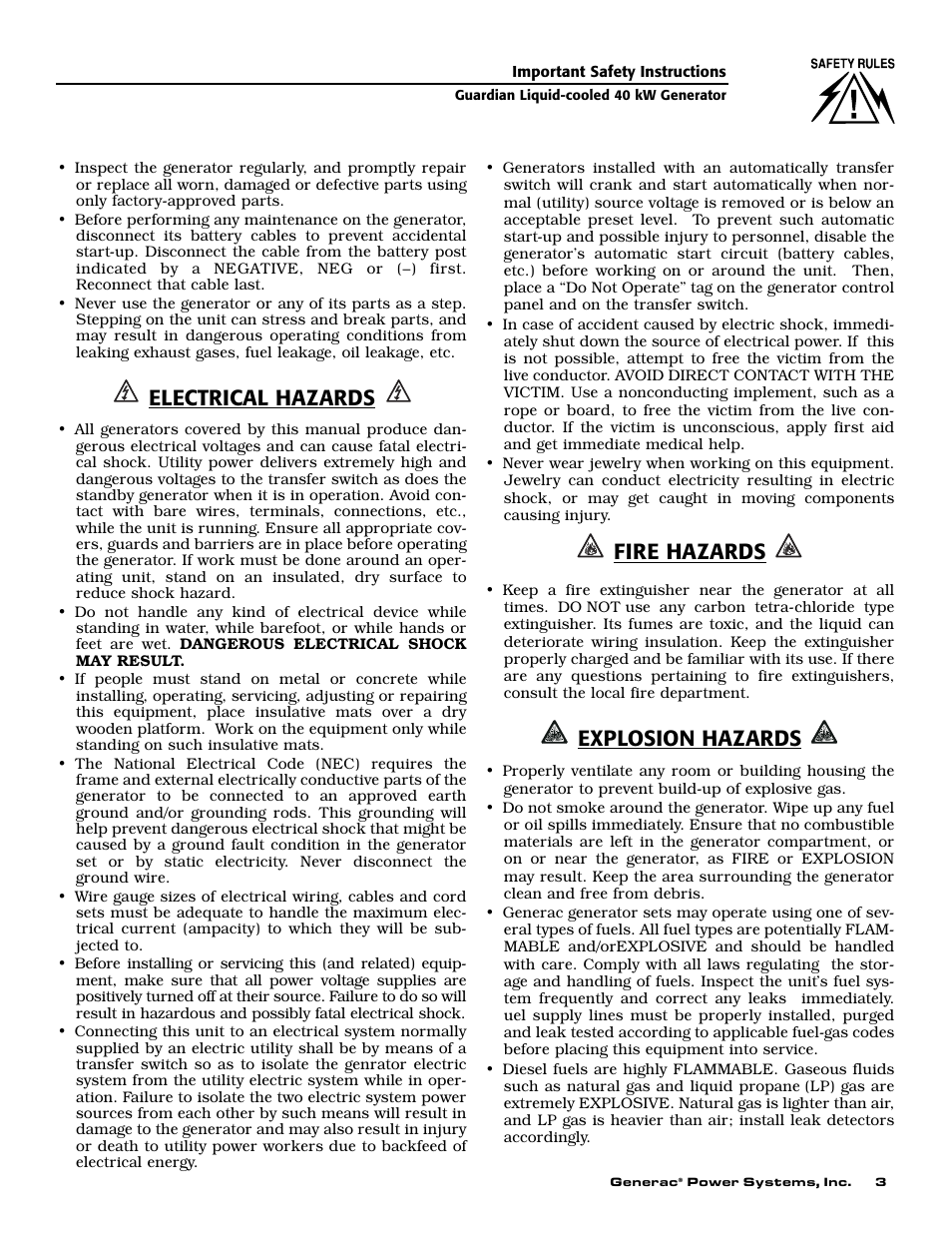 Electrical hazards, Fire hazards, Explosion hazards | Generac 004373-3 User Manual | Page 5 / 64