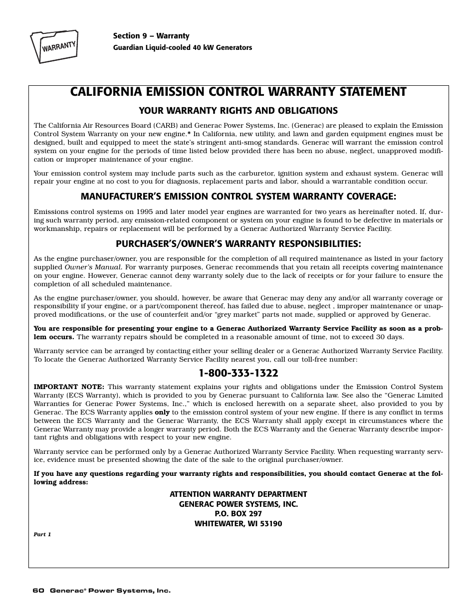 California emission control warranty statement | Generac 004373-3 User Manual | Page 62 / 64