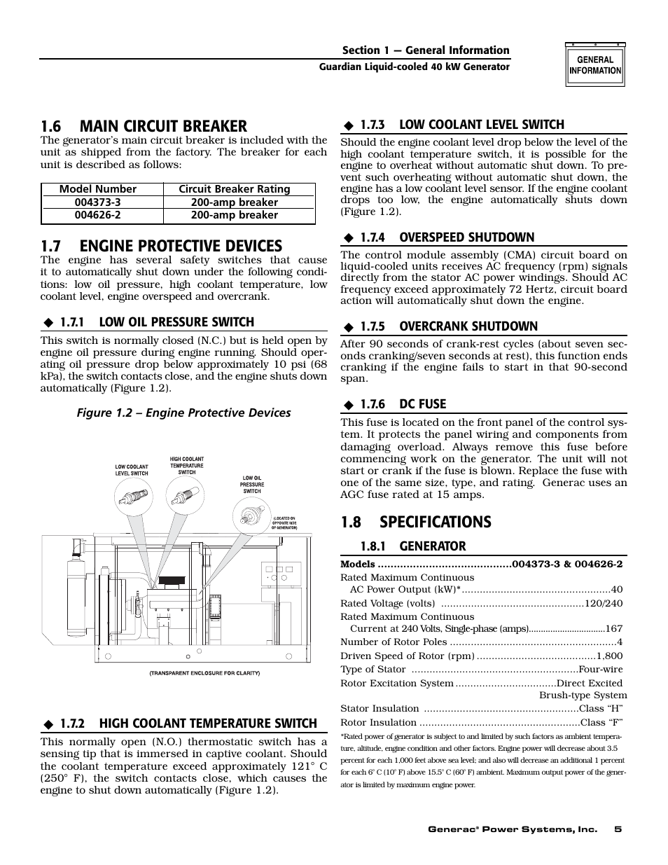 6 main circuit breaker, 7 engine protective devices, 8 specifications | Generac 004373-3 User Manual | Page 7 / 64