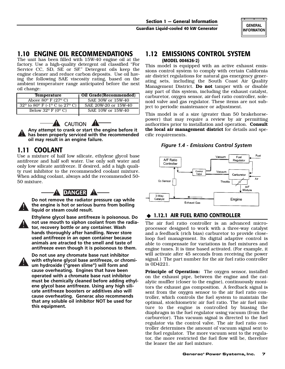 10 engine oil recommendations, 11 coolant, 12 emissions control system | Generac 004373-3 User Manual | Page 9 / 64