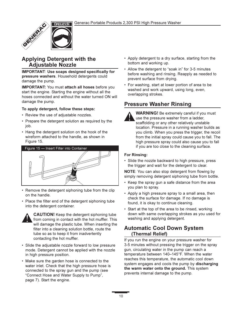 Applying detergent with the adjustable nozzle, Pressure washer rinsing, Automatic cool down system | Generac 1292-2 User Manual | Page 10 / 20