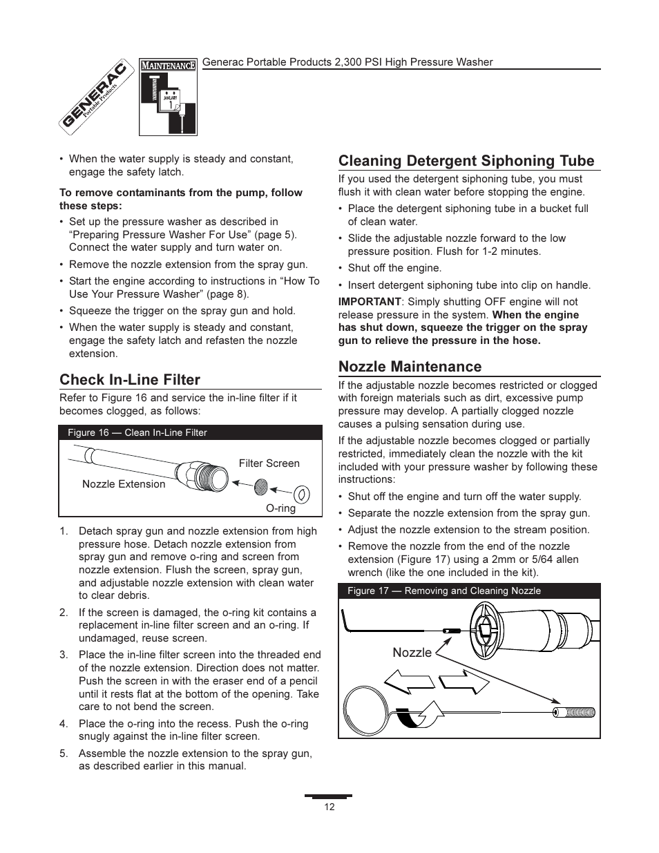 Check in-line filter, Cleaning detergent siphoning tube, Nozzle maintenance | Generac 1292-2 User Manual | Page 12 / 20