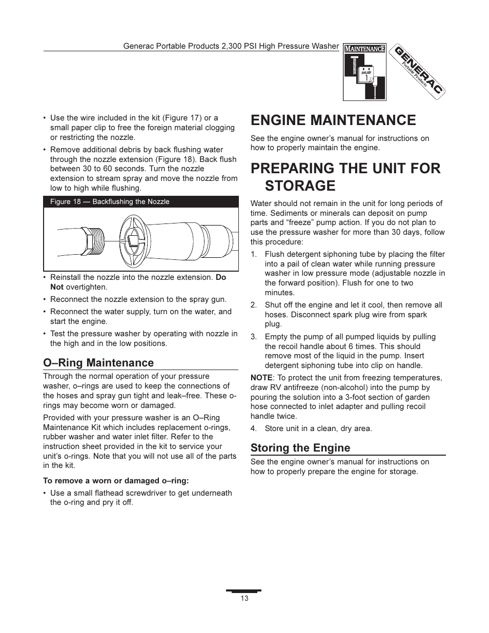 Engine maintenance, Preparing the unit for storage, Oring maintenance | Storing the engine | Generac 1292-2 User Manual | Page 13 / 20