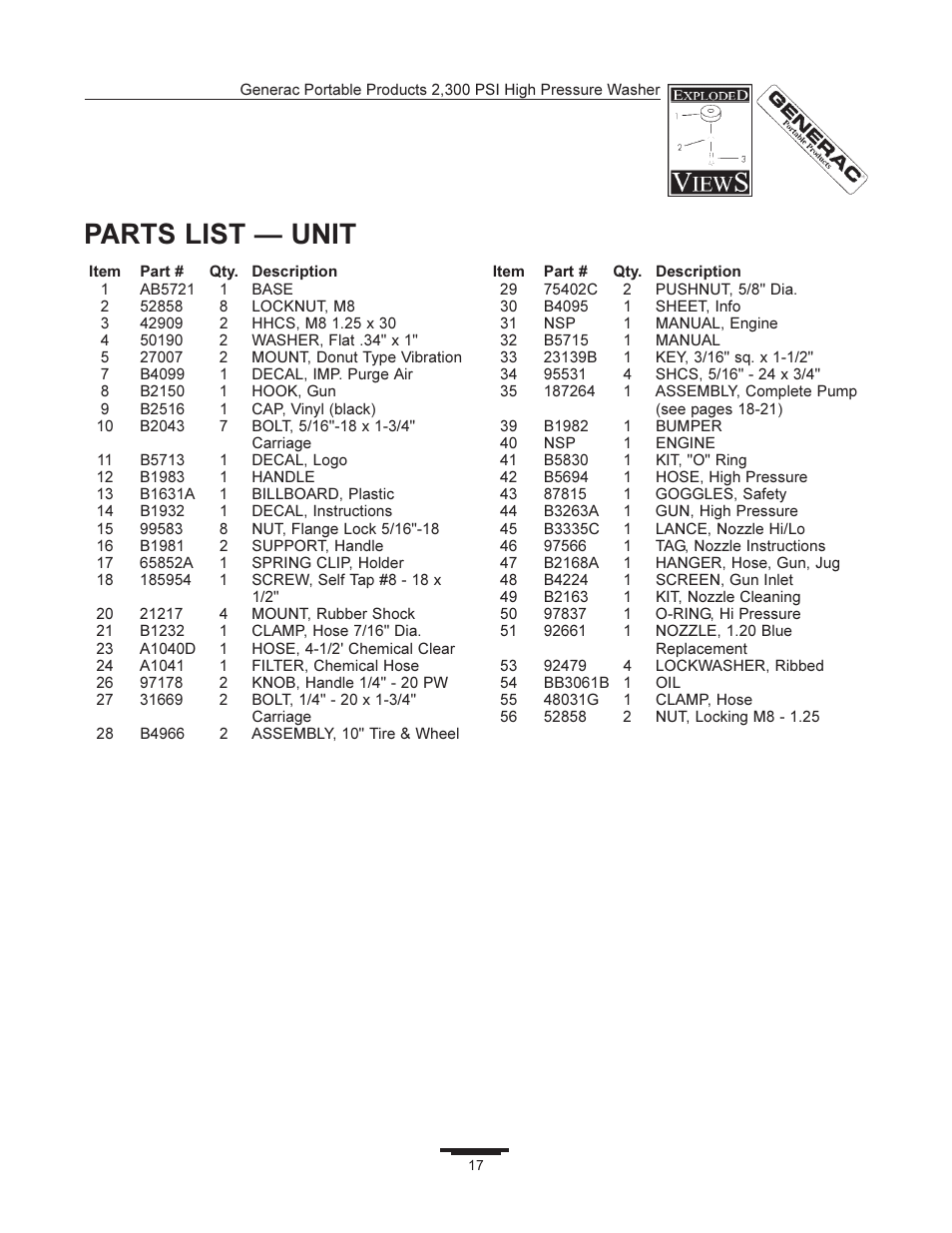Parts list  unit | Generac 1292-2 User Manual | Page 17 / 20