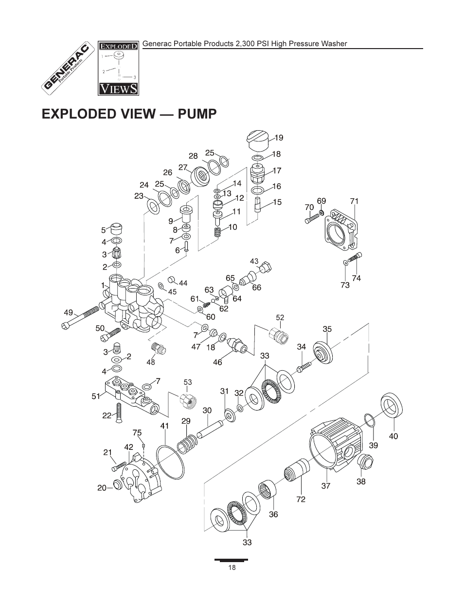 Exploded view  pump | Generac 1292-2 User Manual | Page 18 / 20