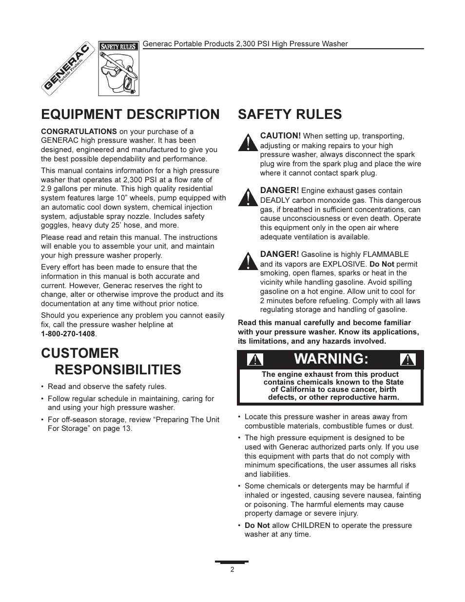 Warning, Equipment description, Customer responsibilities | Safety rules | Generac 1292-2 User Manual | Page 2 / 20