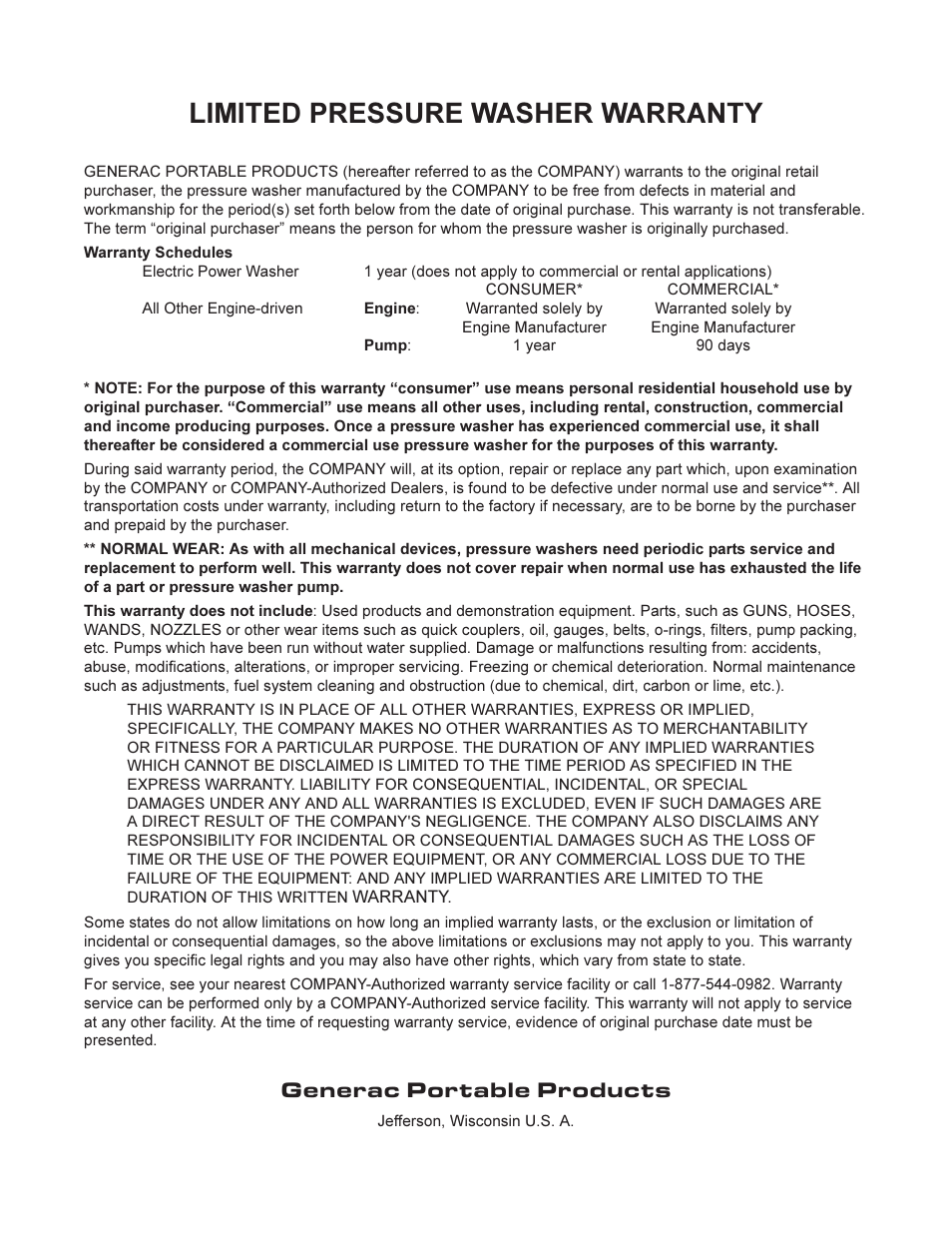 Limited pressure washer warranty, Generac portable products | Generac 1292-2 User Manual | Page 20 / 20