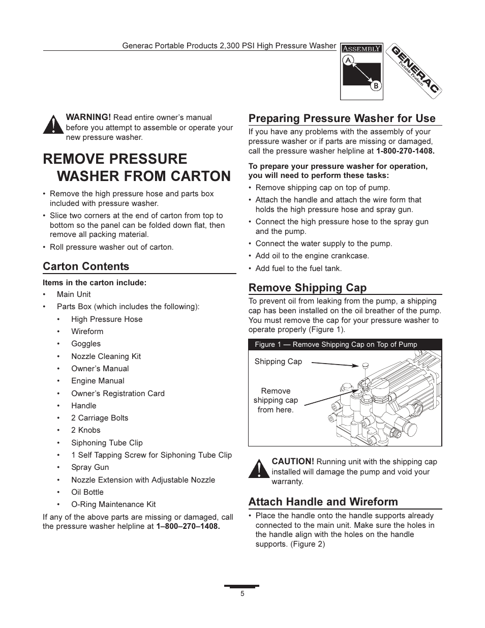 Remove pressure washer from carton, Carton contents, Preparing pressure washer for use | Remove shipping cap, Attach handle and wireform | Generac 1292-2 User Manual | Page 5 / 20