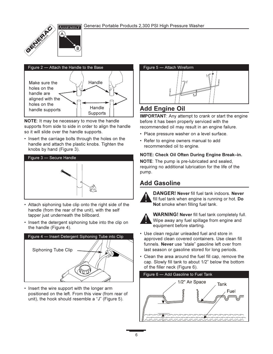 Add engine oil, Add gasoline | Generac 1292-2 User Manual | Page 6 / 20