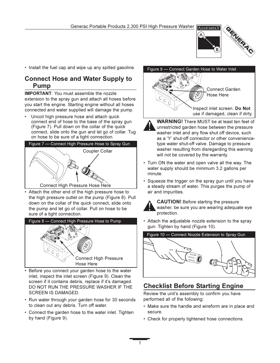 Connect hose and water supply to pump, Checklist before starting engine | Generac 1292-2 User Manual | Page 7 / 20