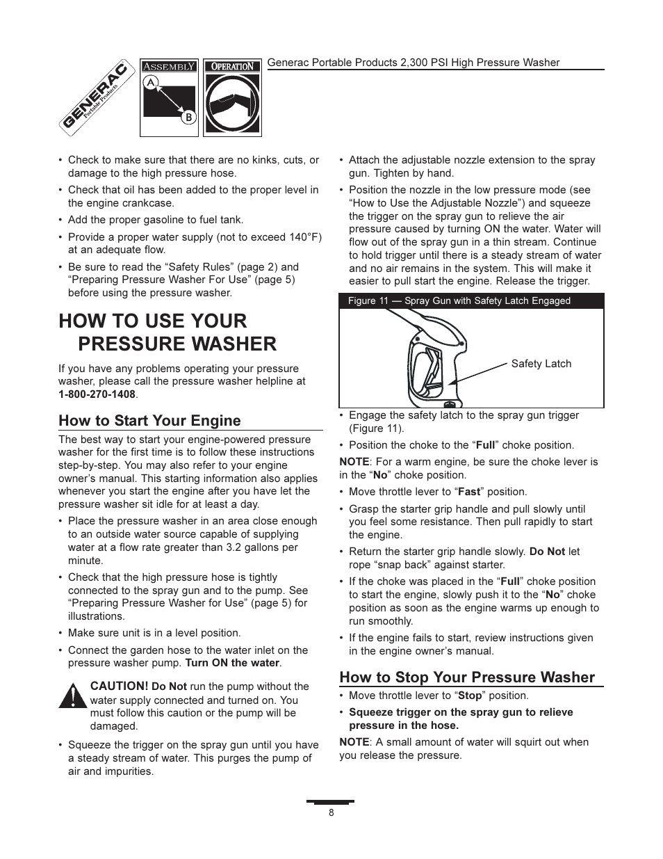 How to use your pressure washer, How to start your engine, How to stop your pressure washer | Generac 1292-2 User Manual | Page 8 / 20