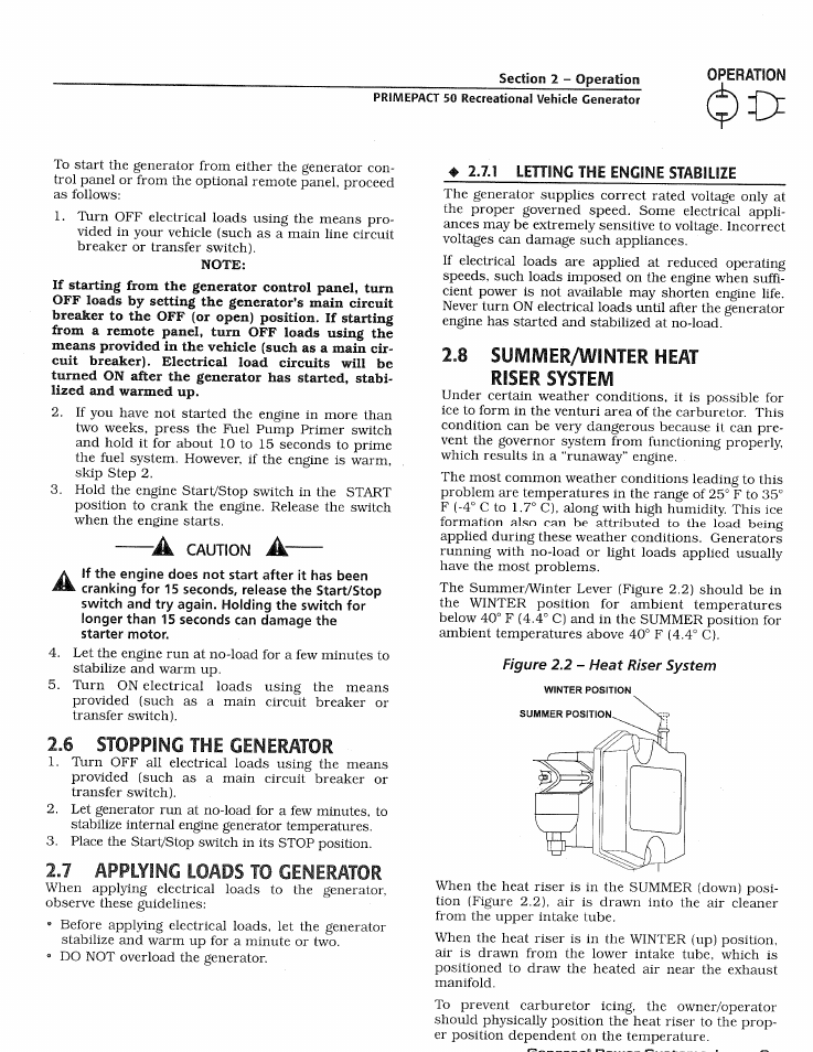 6 stopping the generator, 7 applying loads to generator, 8 summer/winter heat riser system | Summer.winter heat riser system | Generac 02010-1 User Manual | Page 11 / 64