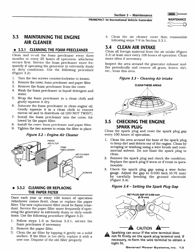 3 iviaintaining the engine air cleaner, 4 clean air intake, 5 checking the engine spark plug | Maintaining the engine air cleaner, Checking the engine spark plug | Generac 02010-1 User Manual | Page 15 / 64