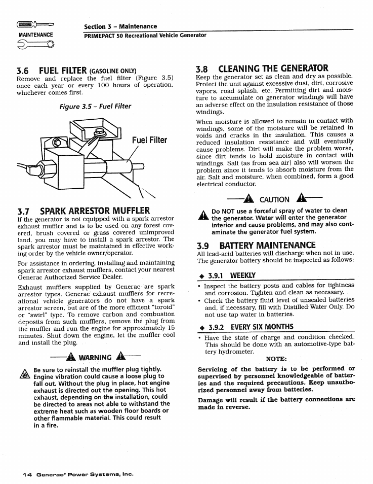 3 j spark arrestor ivluffler, 8 cleaning the generator, 9 battery maintenance | Exercising the generator | Generac 02010-1 User Manual | Page 16 / 64