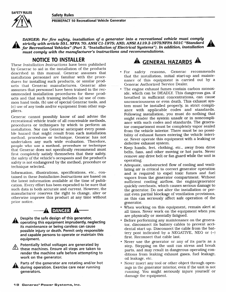 Safety rules, Notice to installer, A general hazards a | Generac 02010-1 User Manual | Page 20 / 64