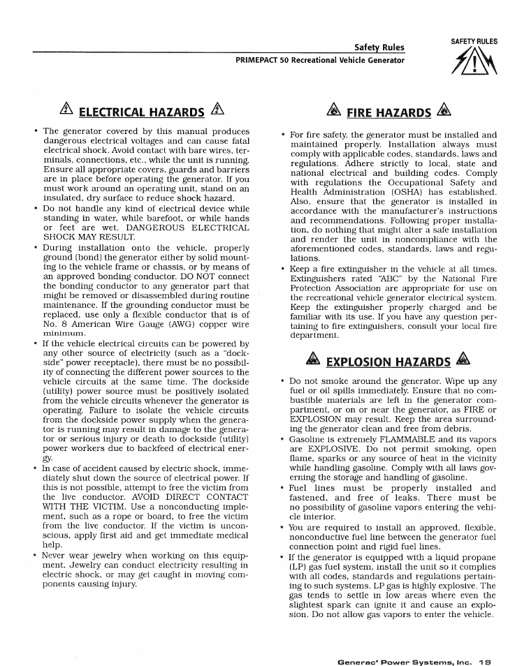 Safety rules, Electrical hazards, Fire hazards | Explosion hazards | Generac 02010-1 User Manual | Page 21 / 64
