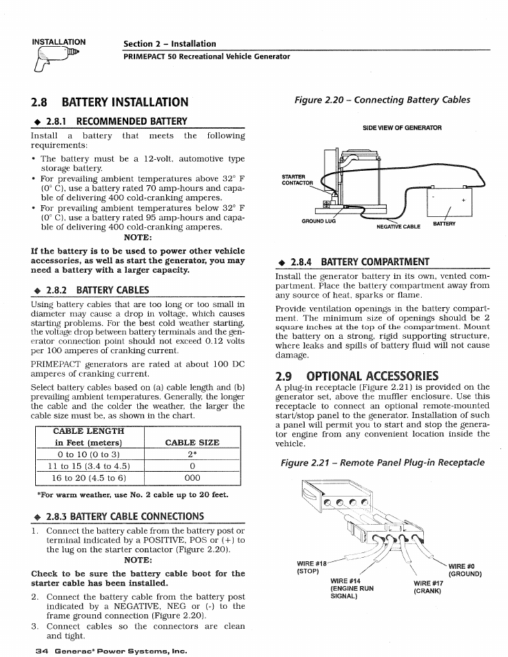 8 battery installation, 9 optional accessories, Battery installation | Optional accessories | Generac 02010-1 User Manual | Page 36 / 64