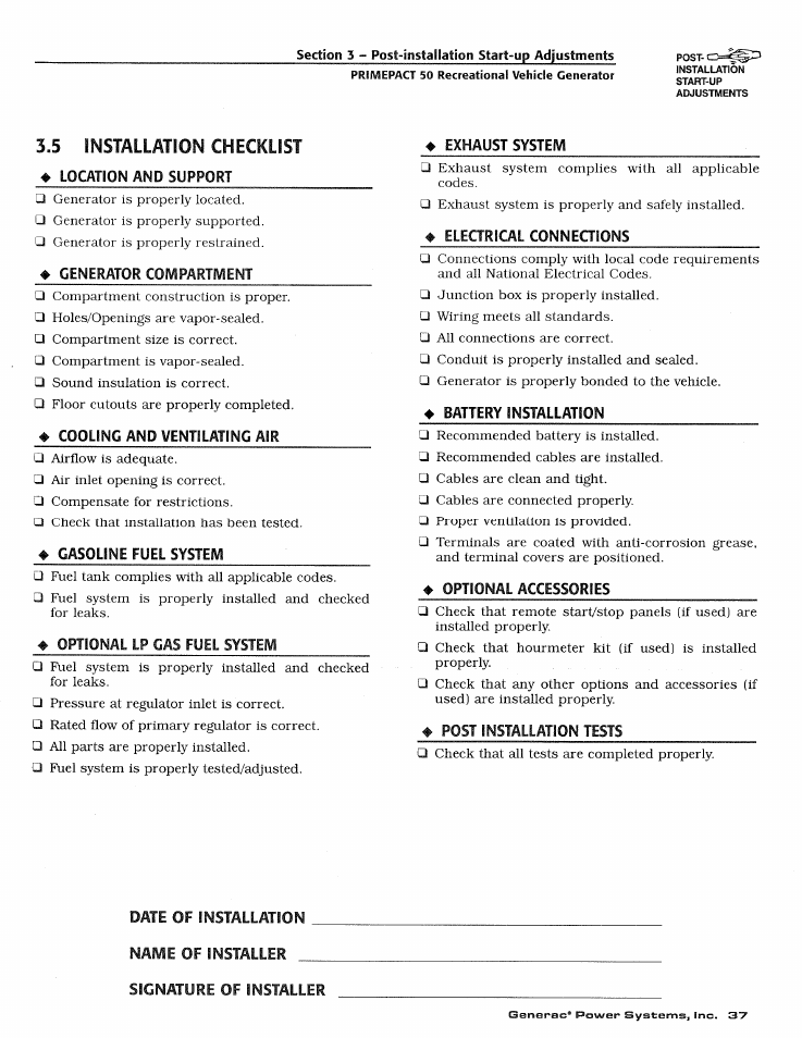 5 installation checklist, Installation checklist | Generac 02010-1 User Manual | Page 39 / 64