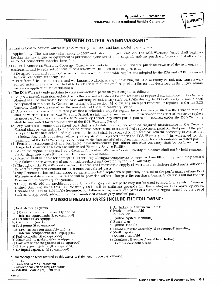 Emission control system warranty, Emission | Generac 02010-1 User Manual | Page 63 / 64