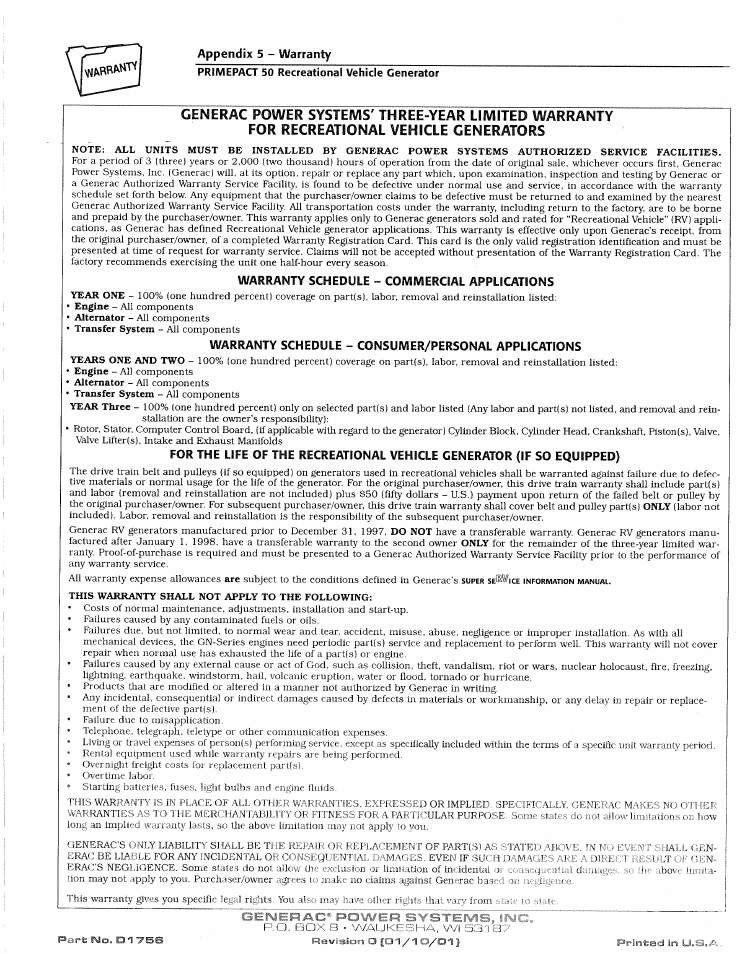 Appendix 5 - warranty, Warranty schedule - commercial applications, Warranty schedule - consumer/personal applications | Appendix, Warranty | Generac 02010-1 User Manual | Page 64 / 64