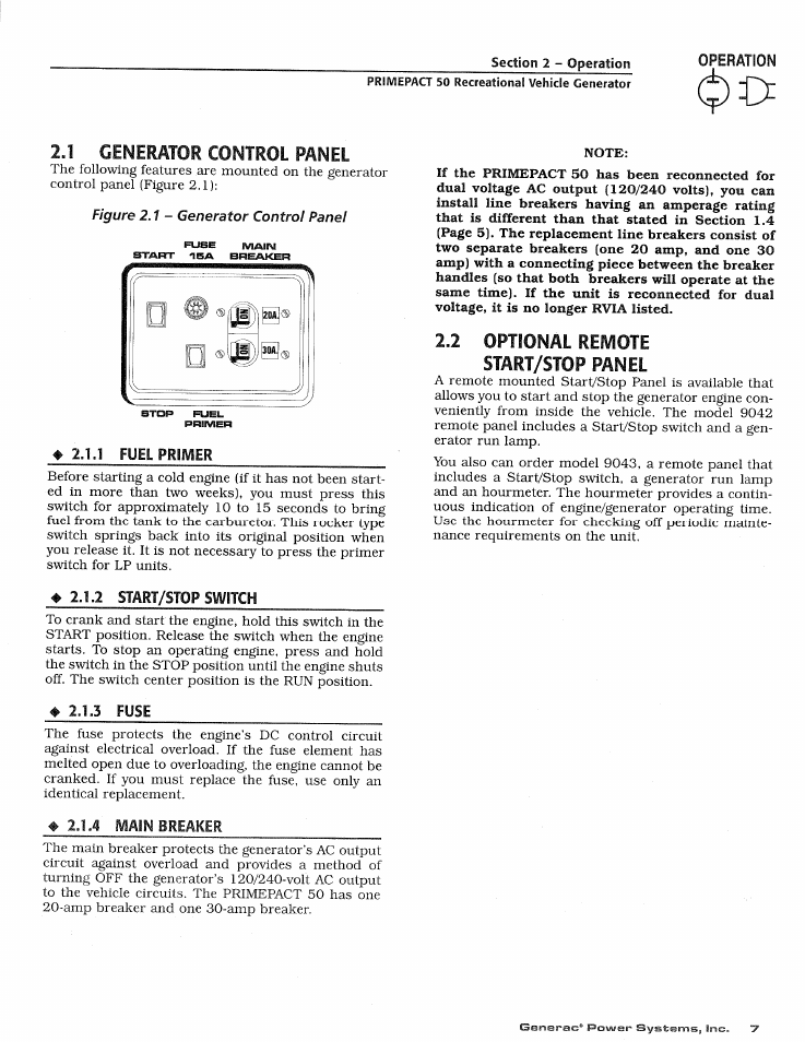 1 generator control panel, 2 optional remote start/stop panel, Generator control panel | Operation 2.1 generator control panel | Generac 02010-1 User Manual | Page 9 / 64