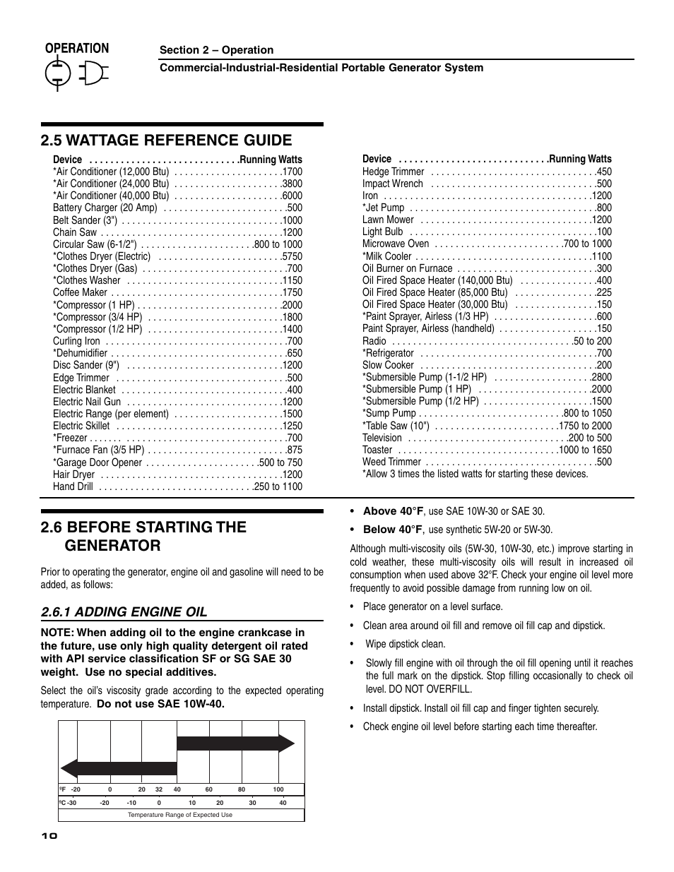 5 wattage reference guide, 6 before starting the generator, 1 adding engine oil | Generac 004451 User Manual | Page 12 / 39