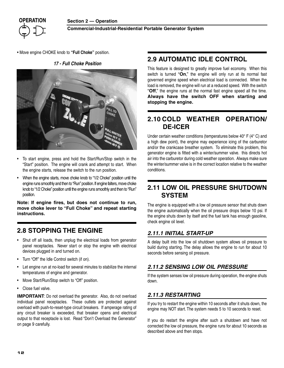 8 stopping the engine, 9 automatic idle control, 10 cold weather operation/ de-icer | 11 low oil pressure shutdown system | Generac 004451 User Manual | Page 14 / 39