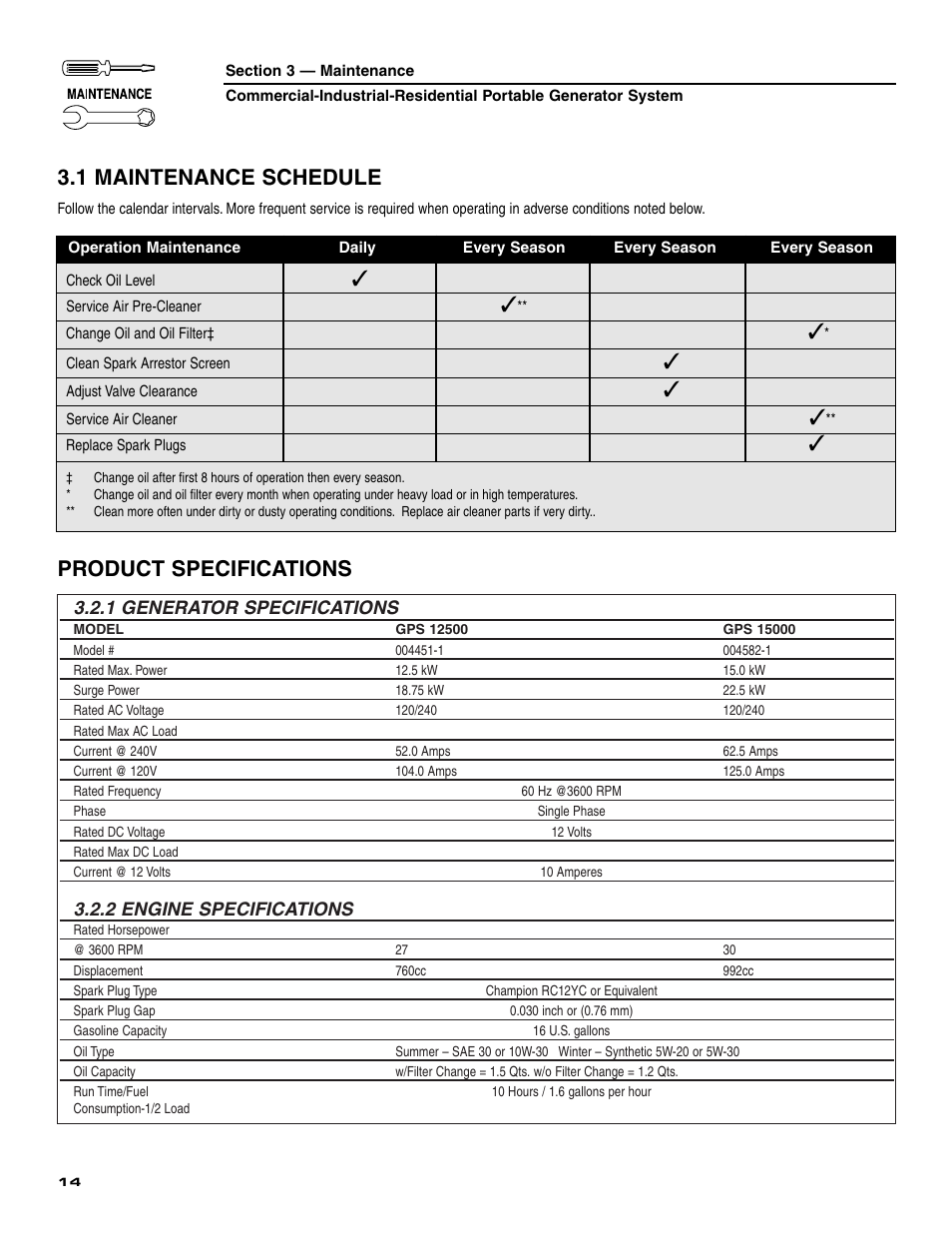 3 - maintenance, 1 maintenance schedule, Product specifications | 1 generator specifications, 2 engine specifications | Generac 004451 User Manual | Page 16 / 39