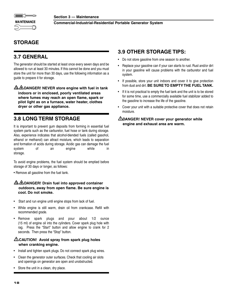 7 general, 8 long term storage, 9 other storage tips | Storage | Generac 004451 User Manual | Page 20 / 39