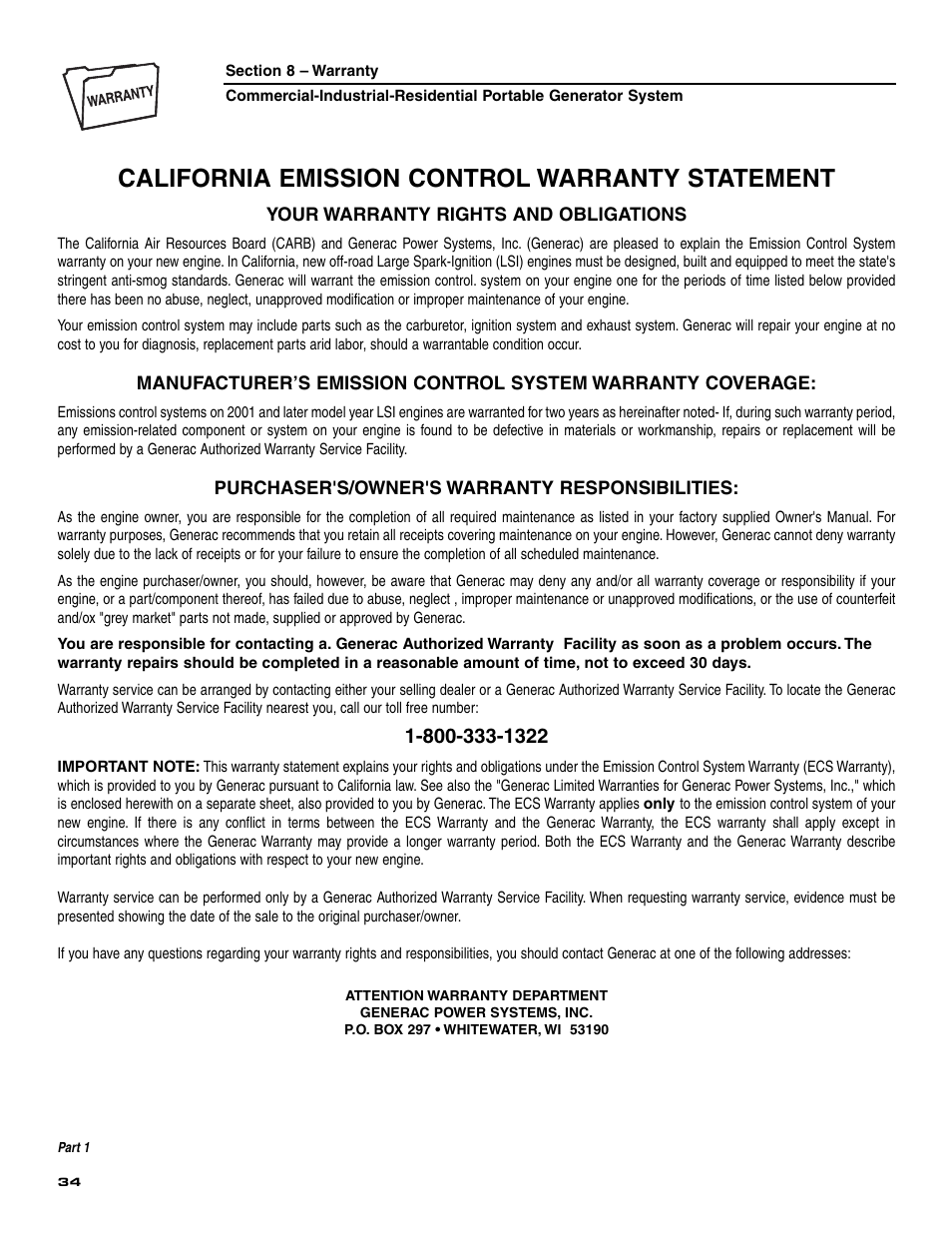 8 - warranty, California emission control warranty statement | Generac 004451 User Manual | Page 36 / 39