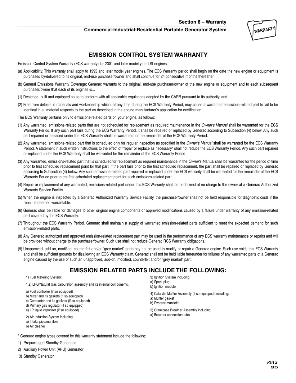 Emission control system warranty, Emission related parts include the following | Generac 004451 User Manual | Page 37 / 39