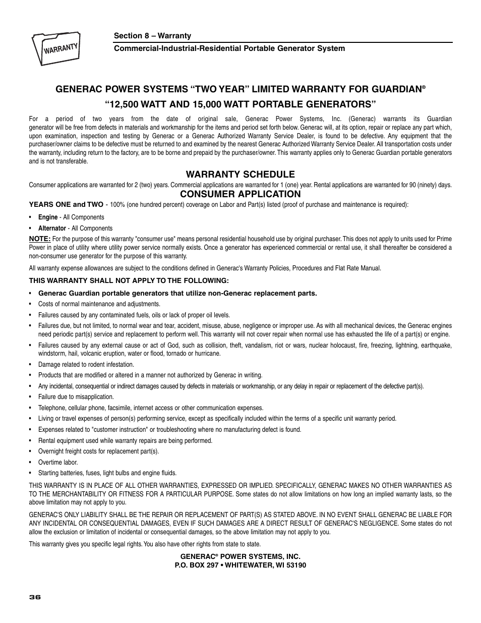 Warranty schedule, Consumer application | Generac 004451 User Manual | Page 38 / 39