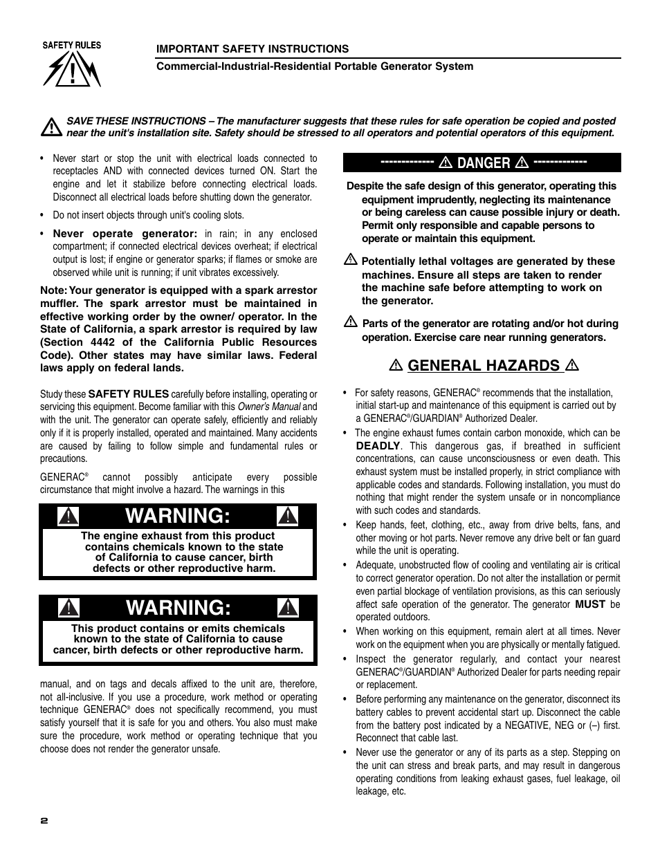 Safety instructions, Warning, Ƽ general hazards ƽ | Ƽ danger ƽ | Generac 004451 User Manual | Page 4 / 39