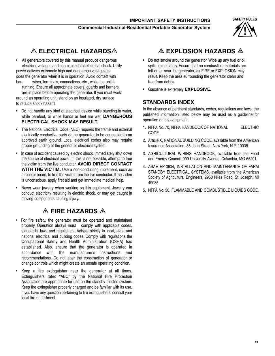 Ꮨ electrical hazards Ꮨ, Ƹ fire hazards ƹ, Ʒ explosion hazards ʒ | Generac 004451 User Manual | Page 5 / 39