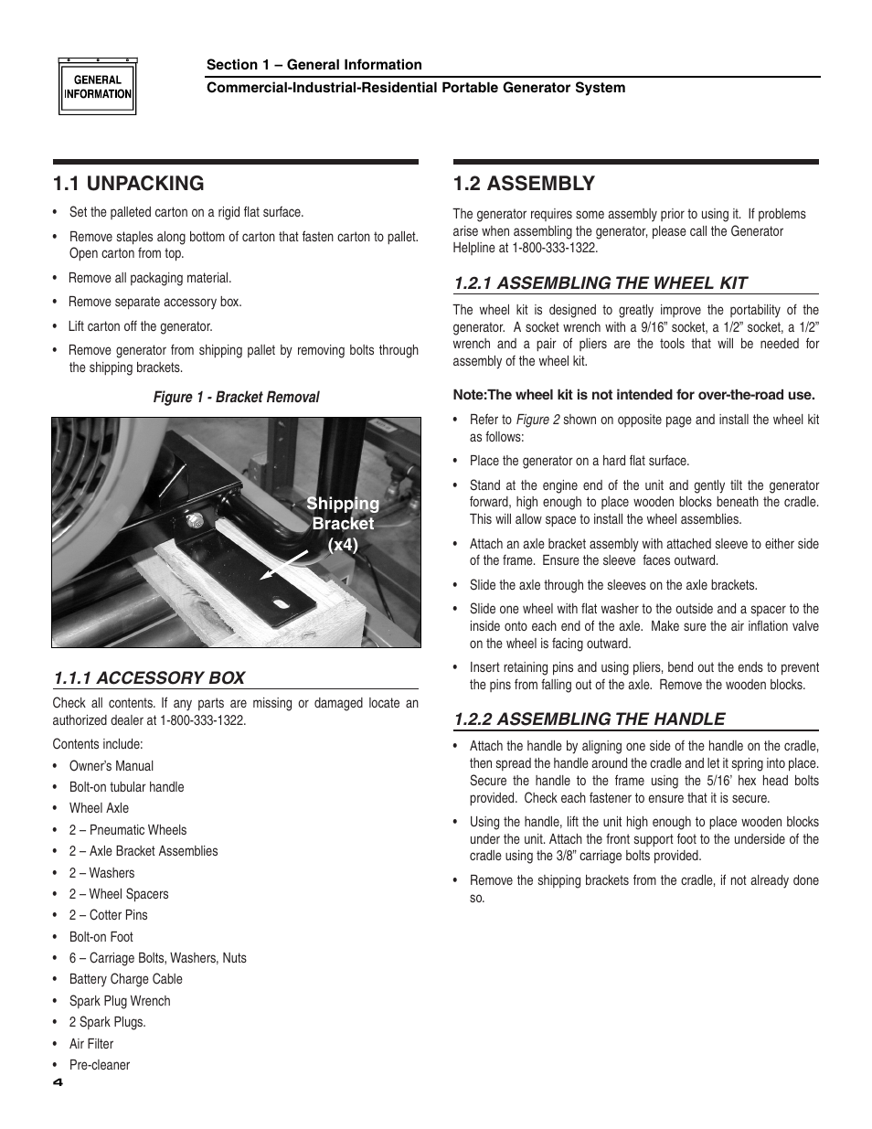 1 - general information, 1 unpacking, 2 assembly | 1 accessory box, 1 assembling the wheel kit, 2 assembling the handle | Generac 004451 User Manual | Page 6 / 39