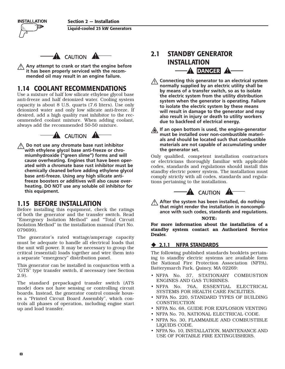 14 coolant recommendations, 15 before installation, 1 standby generator installation | Generac 005031-2 User Manual | Page 10 / 56