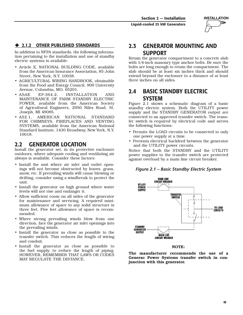 2 generator location, 3 generator mounting and support, 4 basic standby electric system | Generac 005031-2 User Manual | Page 11 / 56