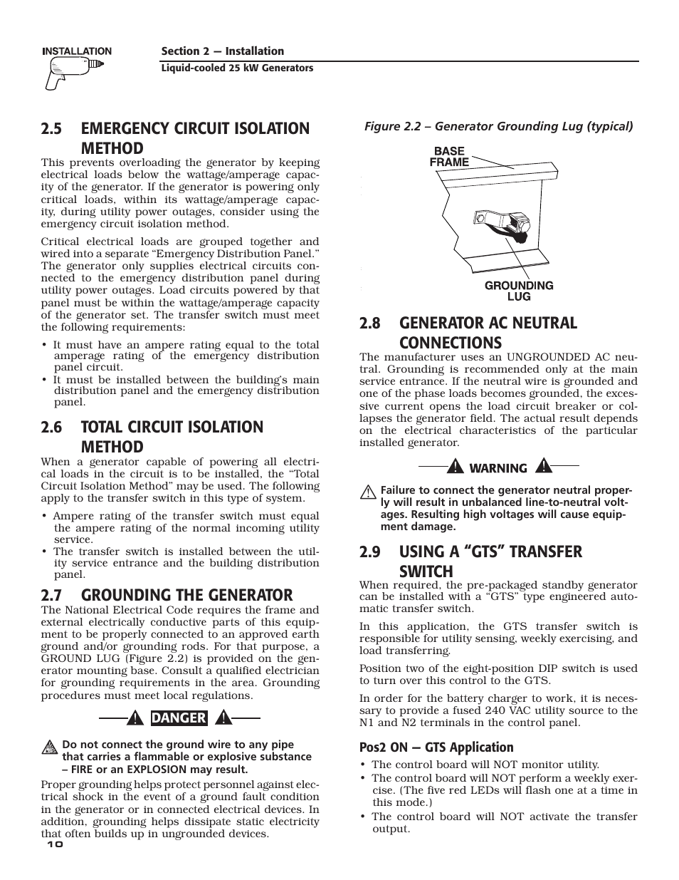 5 emergency circuit isolation method, 6 total circuit isolation method, 7 grounding the generator | 8 generator ac neutral connections, 9 using a “gts” transfer switch | Generac 005031-2 User Manual | Page 12 / 56