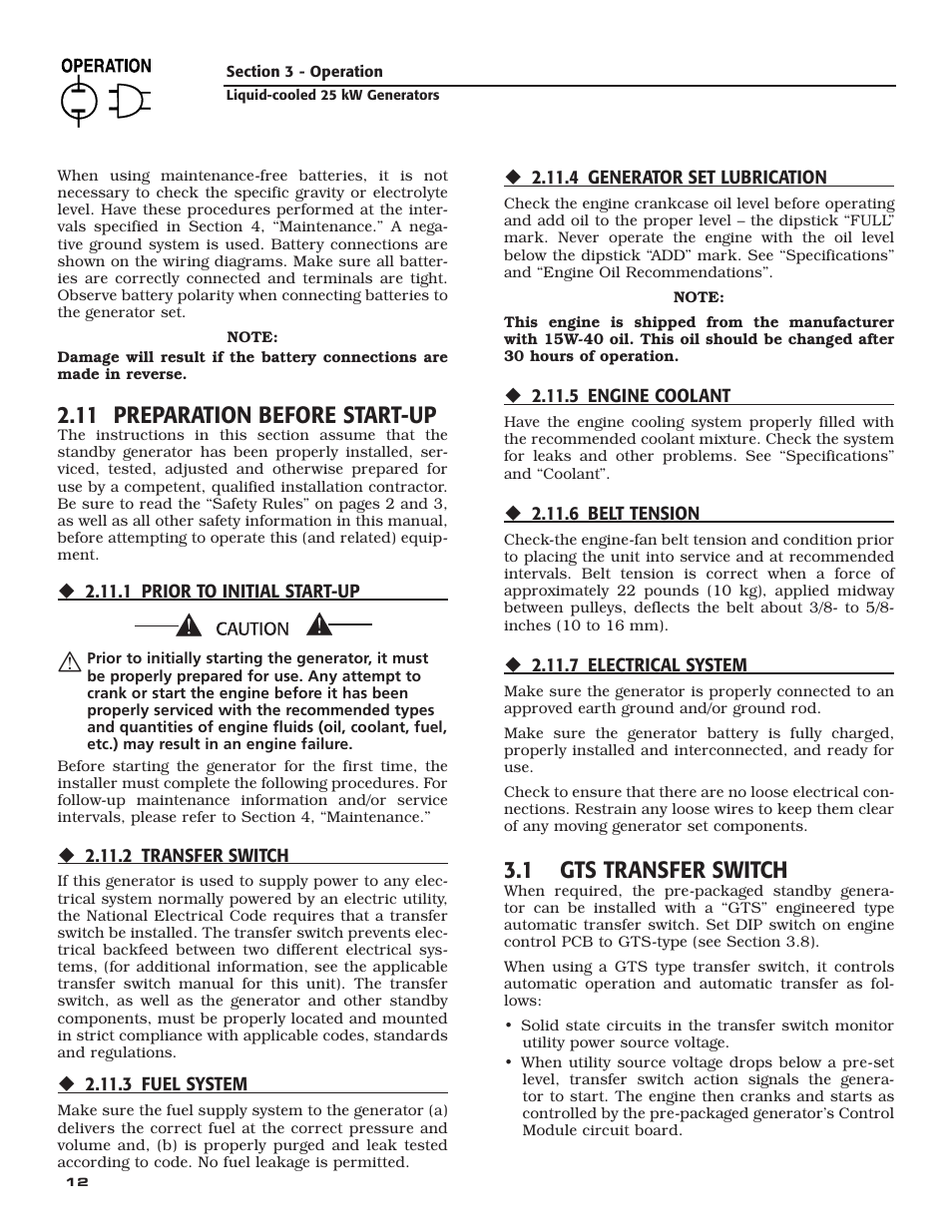 11 preparation before start-up, 1 gts transfer switch | Generac 005031-2 User Manual | Page 14 / 56