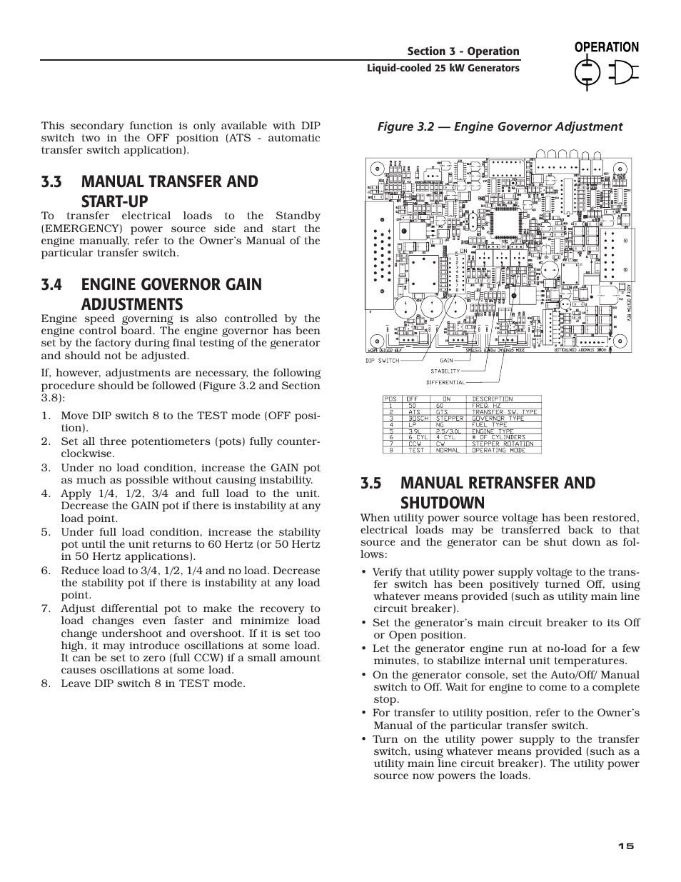 3 manual transfer and start-up, 4 engine governor gain adjustments, 5 manual retransfer and shutdown | Generac 005031-2 User Manual | Page 17 / 56